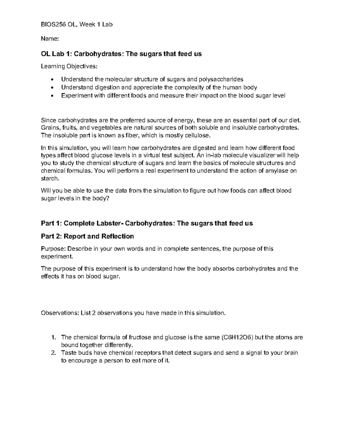 BIOS256 Week 1 Lab - Sugars That Feed Us - BIOS256 OL, Week 1 Lab Name ...