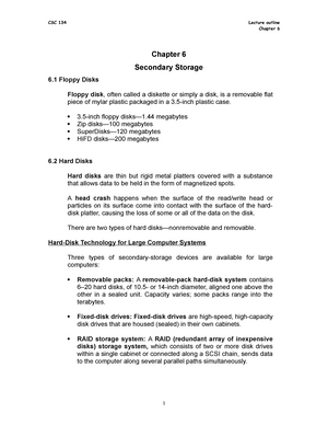 Cp6 Csc134 Csc Csc 134 Lecture Outline Chapter 6 Chapter 6 Secondary Storage 6 Floppy Disks Studocu