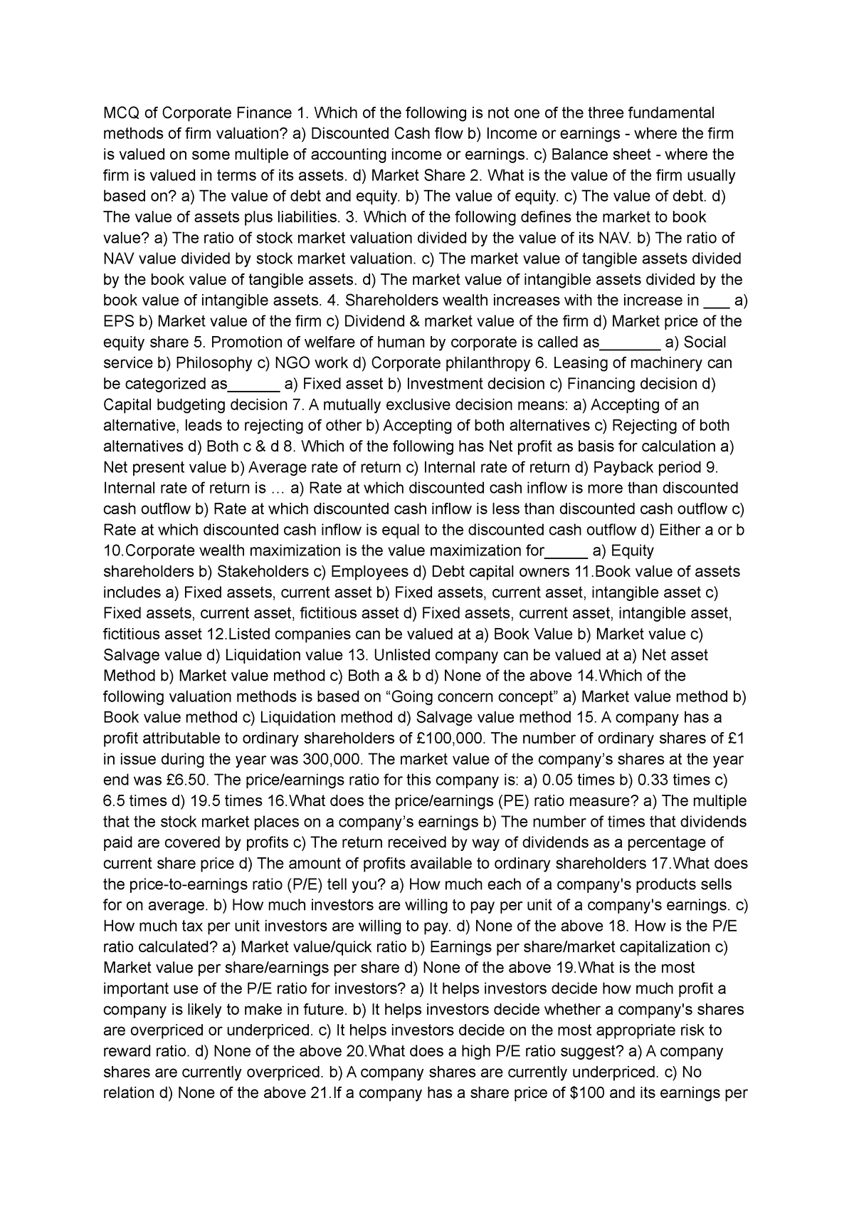 Untitled Document - Corporate Finance Questions And Answers, - MCQ Of ...