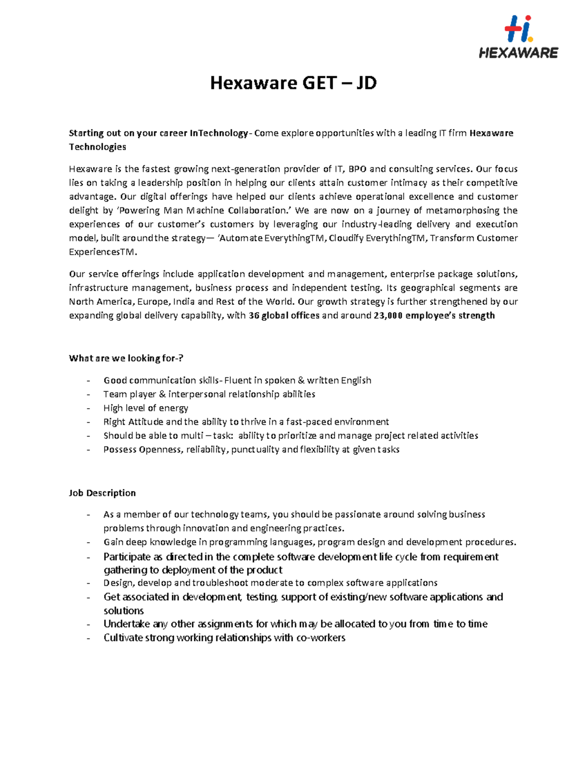 Good Hexaware GET JD Starting out on your career