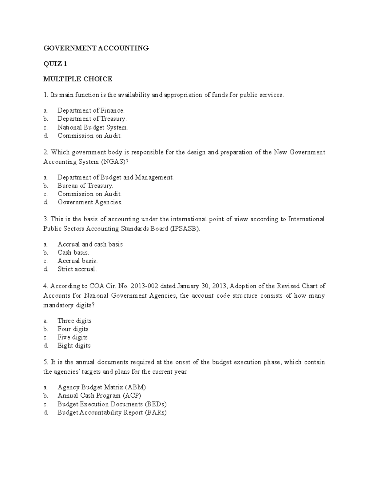 QUIZ 1 Overview OF Government Accounting - GOVERNMENT ACCOUNTING QUIZ 1 ...