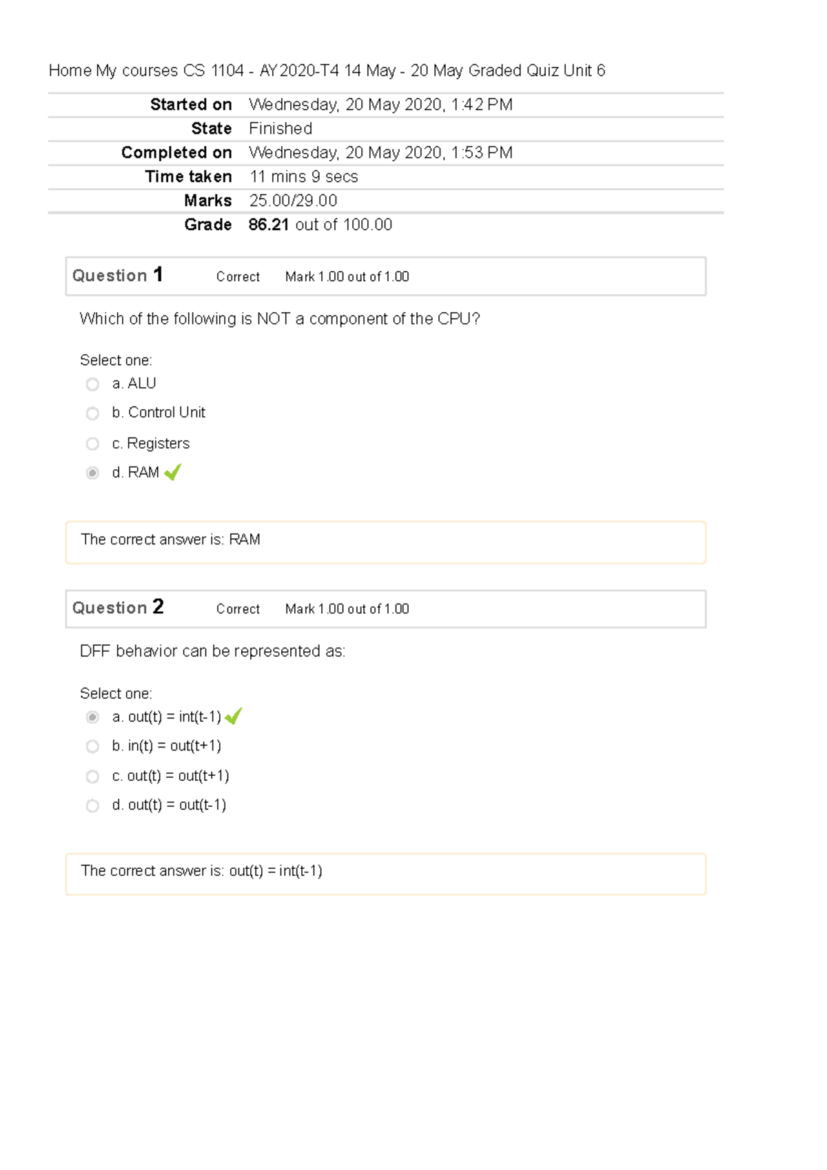 CS 1104 - AY2020-T4 Graded Quiz Unit 6 Attempt Review - Started On ...