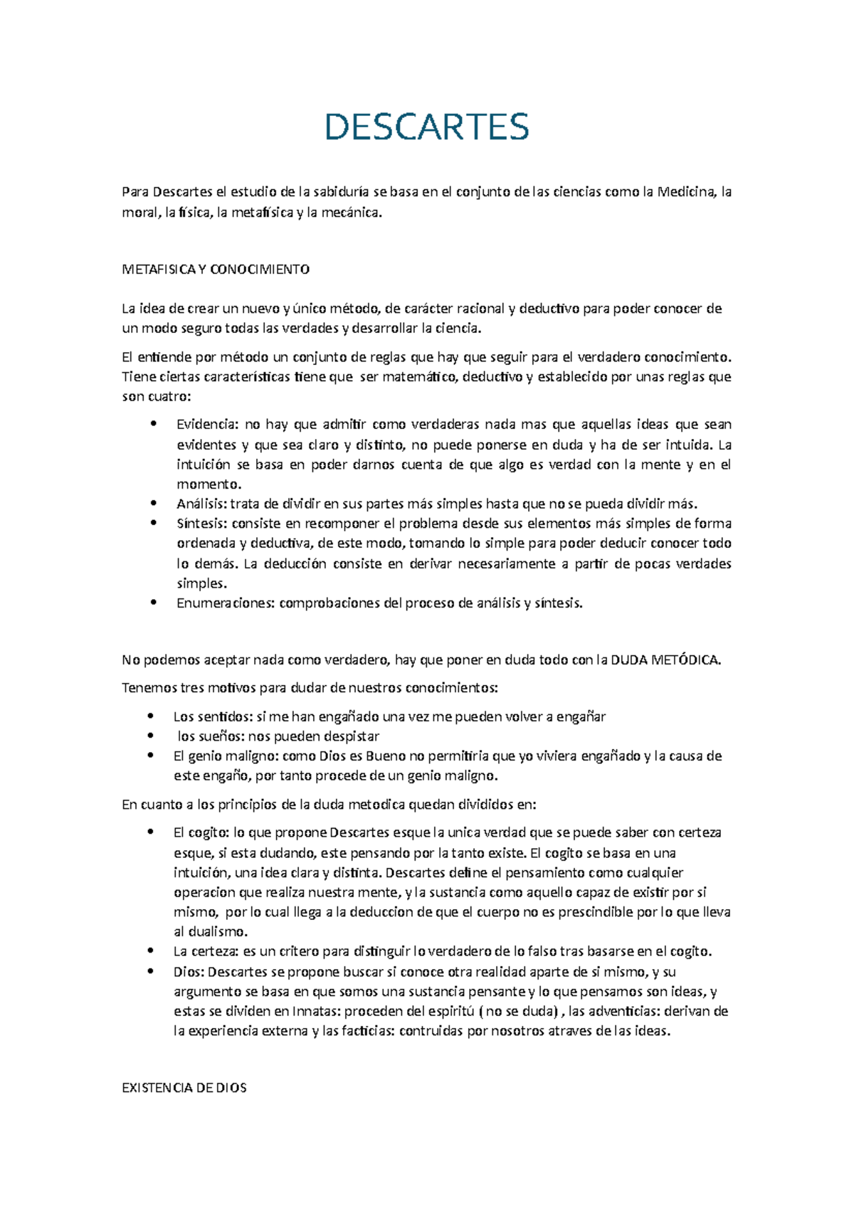 Descartes - Apuntes 1 - DESCARTES Para Descartes El Estudio De La ...