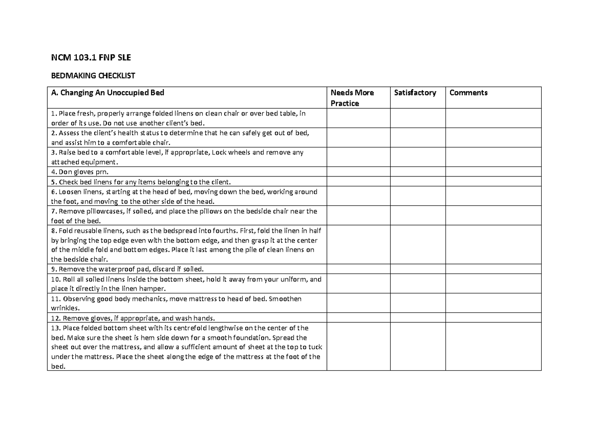 Bed Making NCM 103 FNP SLE BEDMAKING CHECKLIST A. Changing An