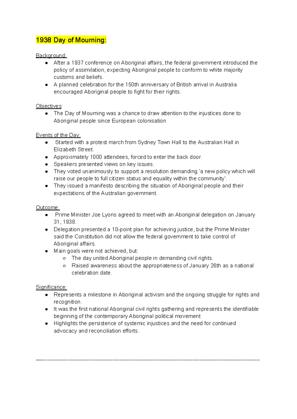 History 1938 Day of Mourning Background After a 1937 conference on