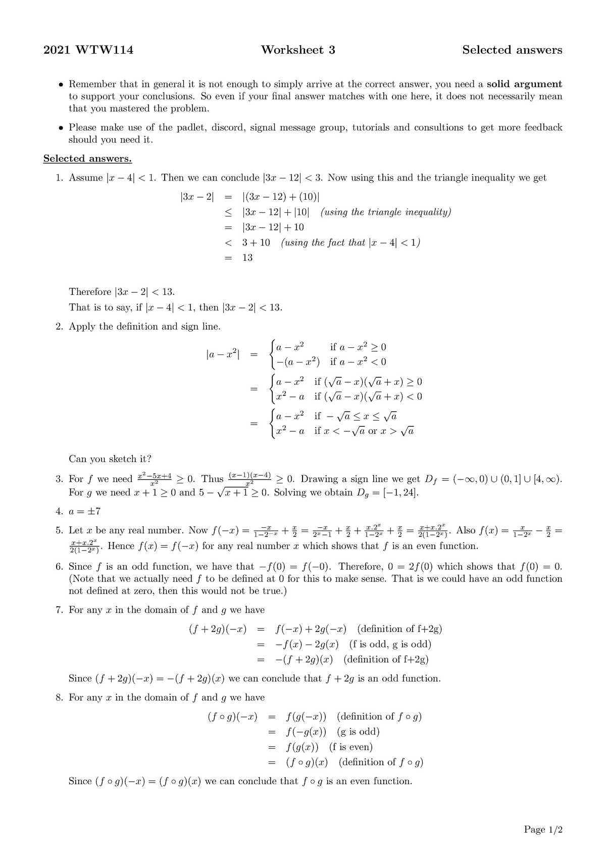 Worksheet 3 - Selected answers - 2021 WTW114 Worksheet 3 Selected ...