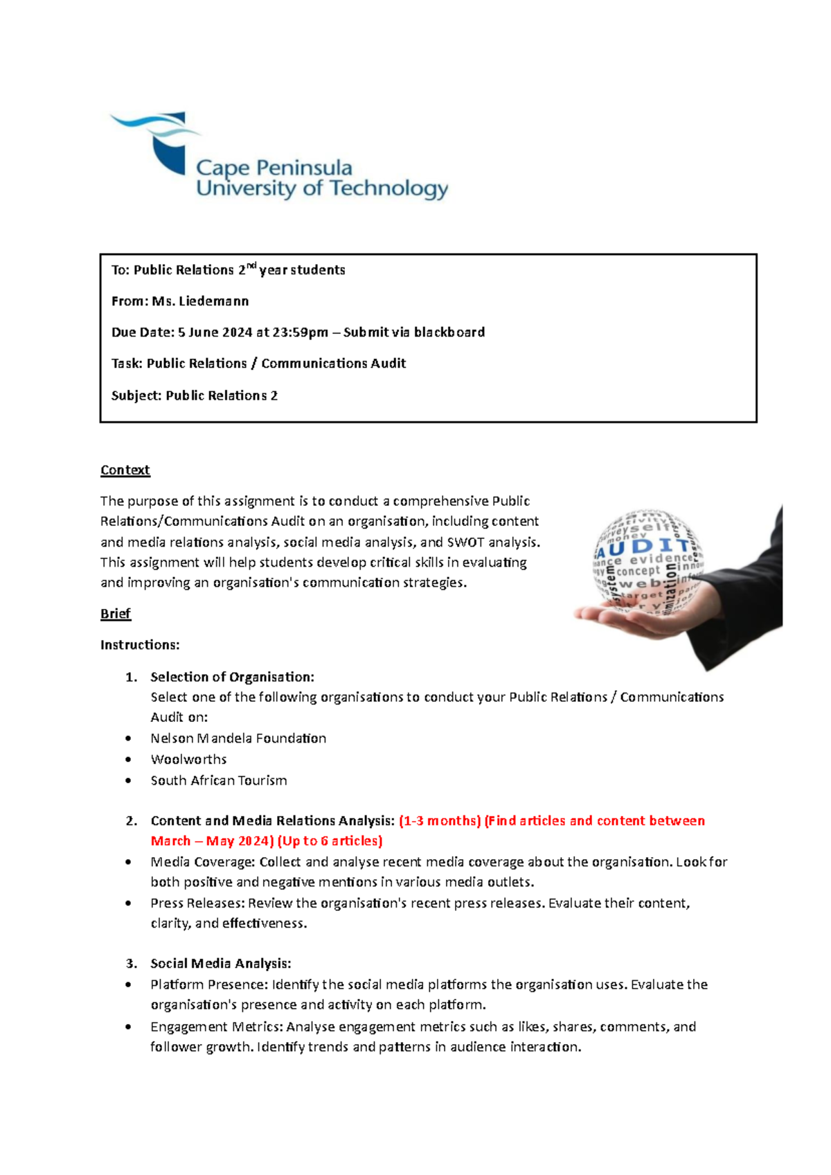 Public Relations Audit Assignment - 22 May 2024 - Context The purpose ...