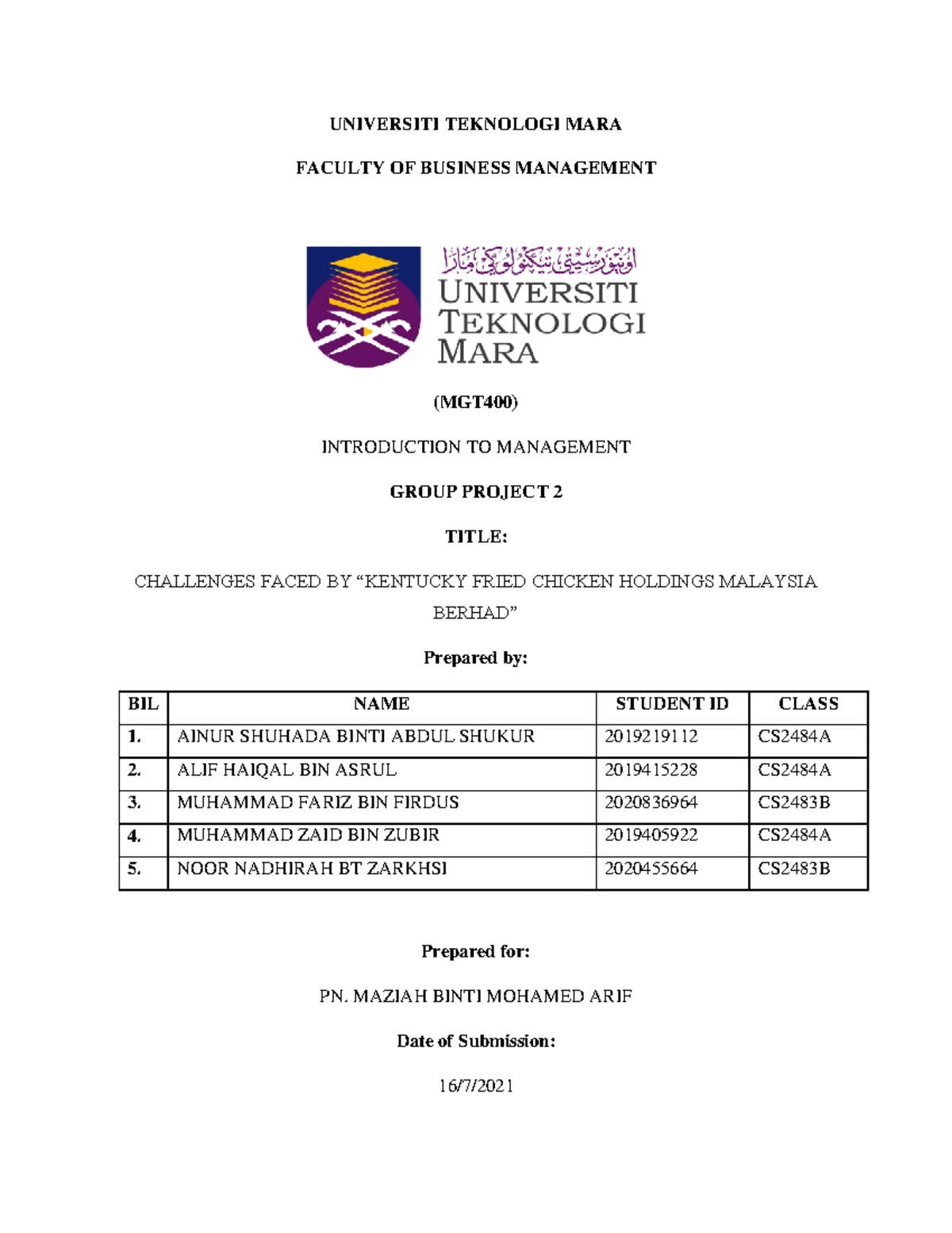 PROJECT KFC INTRODUCTION OF MANAGEMENT MGT400 - Mathematics Management ...