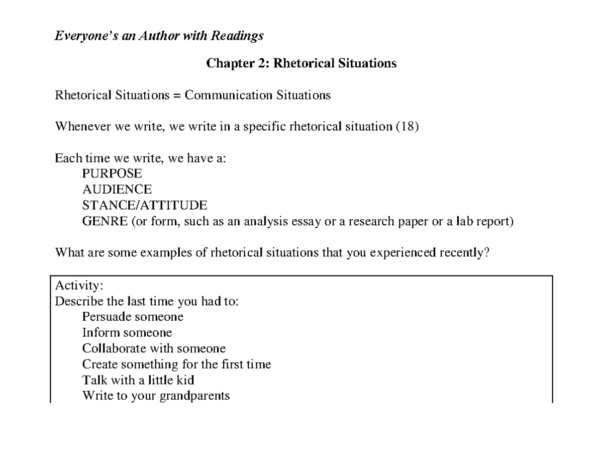 Ea AChapter 2and3 Rhetoric Situations Reading Rhetorically - Chapter 2 ...