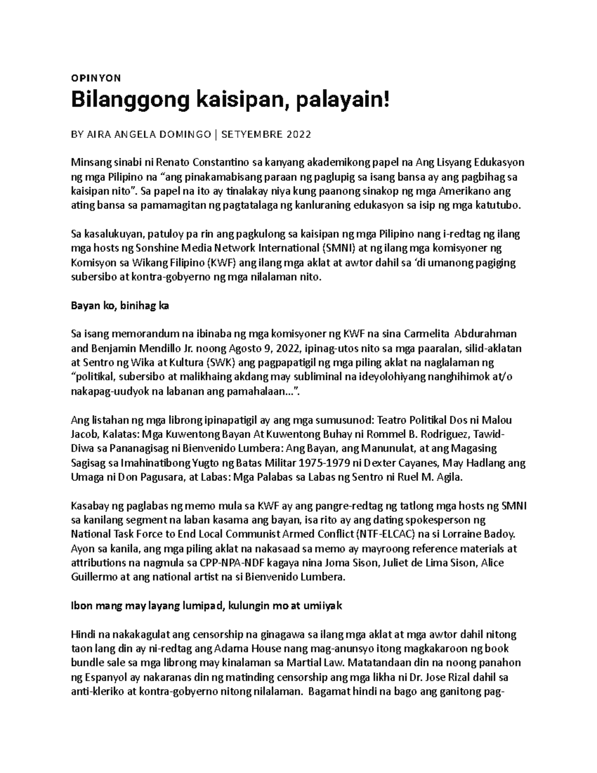 Column1Filipino eme OPINYON Bilanggong kaisipan, palayain! BY AIRA ANGELA DOMINGO