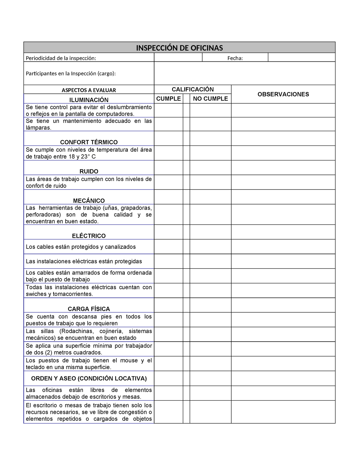 Formato Inspecci N De Almacen Inspecci N De Oficinas Periodicidad De