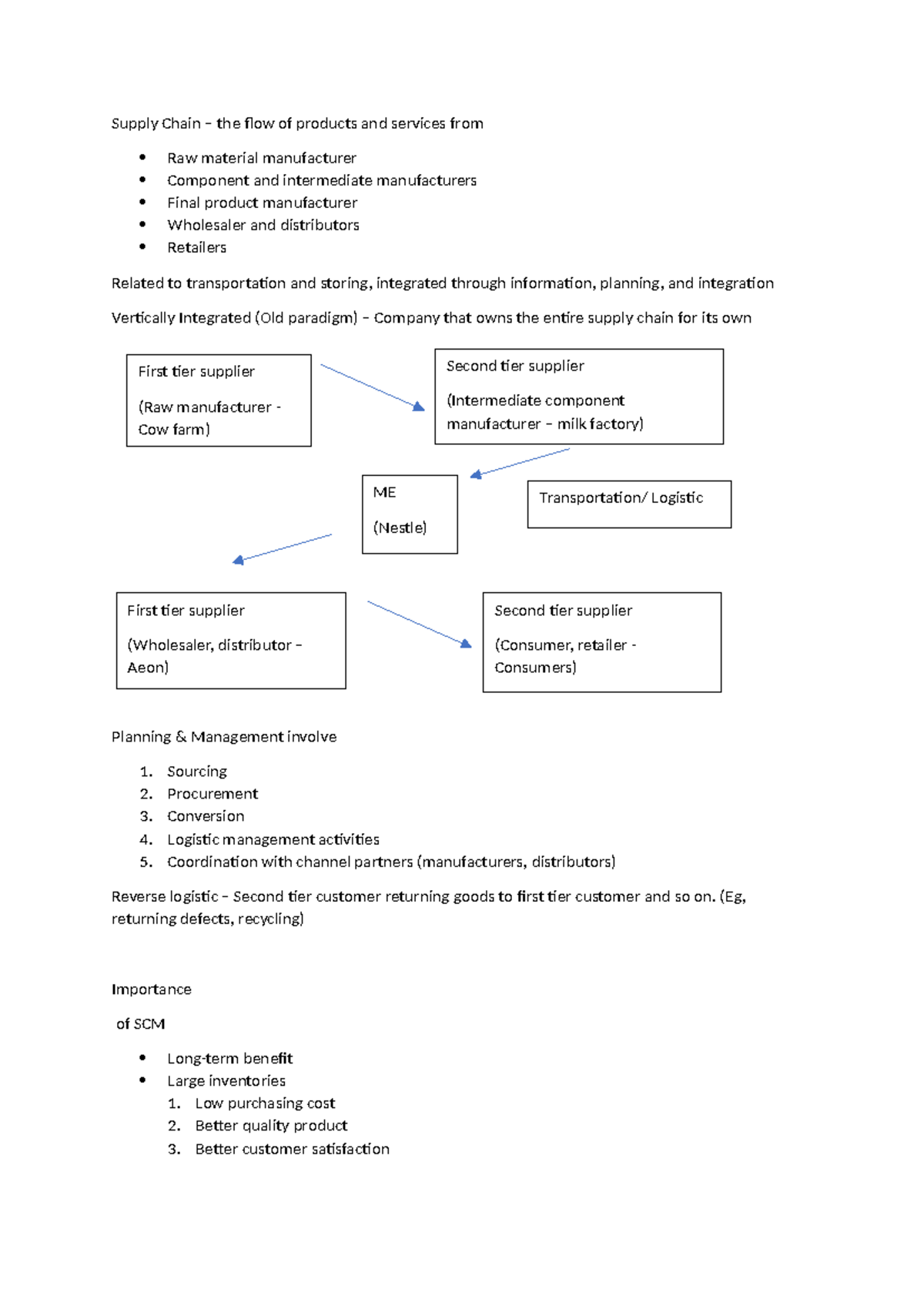 Supply Chain Management Chapter 1 Notes Summary - Supply Chain – the ...