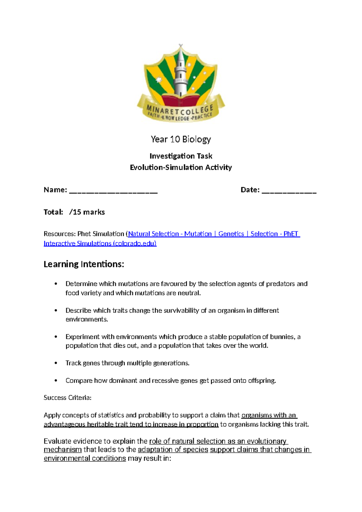 Natural Selection-Simulation Activity - Year 10 Biology Investigation ...