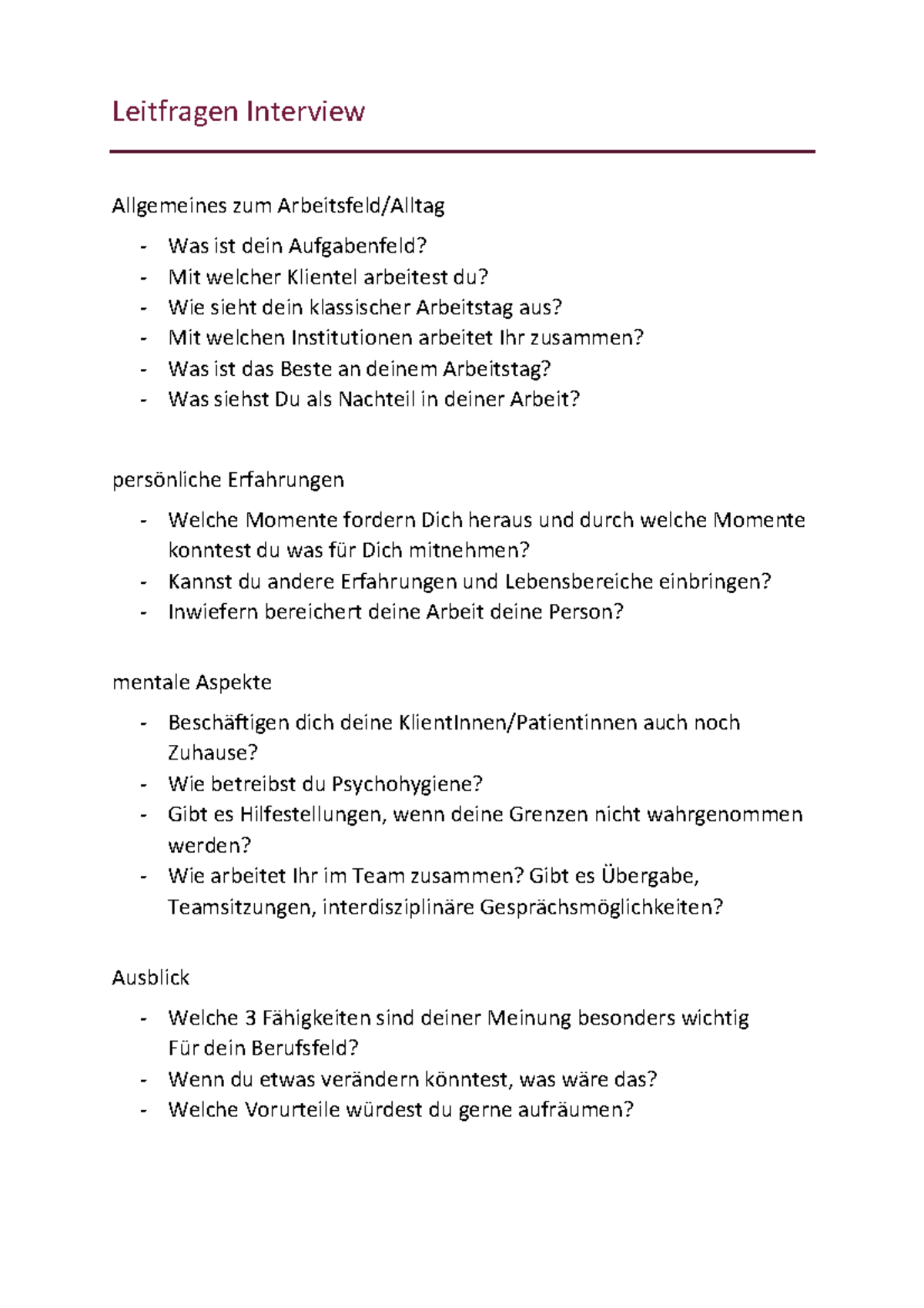 Interview Leitfaden - SoSe 2023 - Leitfragen Interview Allgemeines zum