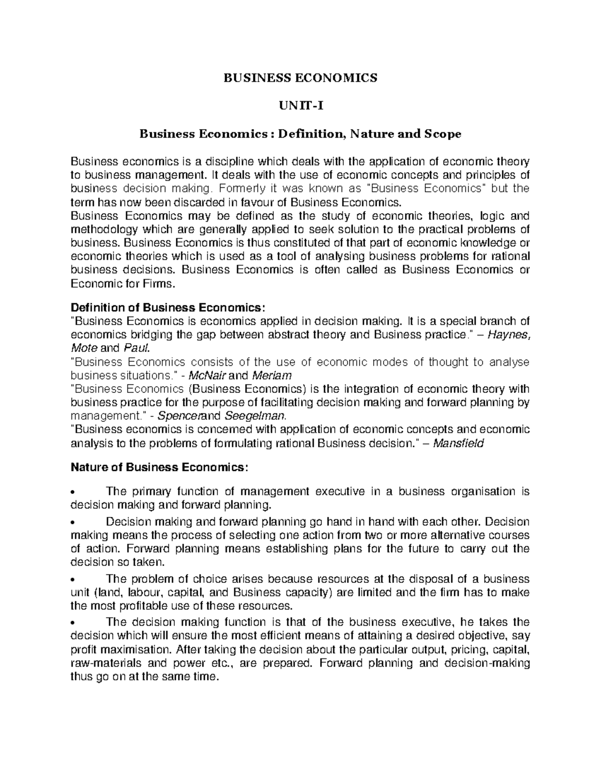 Business Economics A Lecture Note BUSINESS ECONOMICS UNIT I