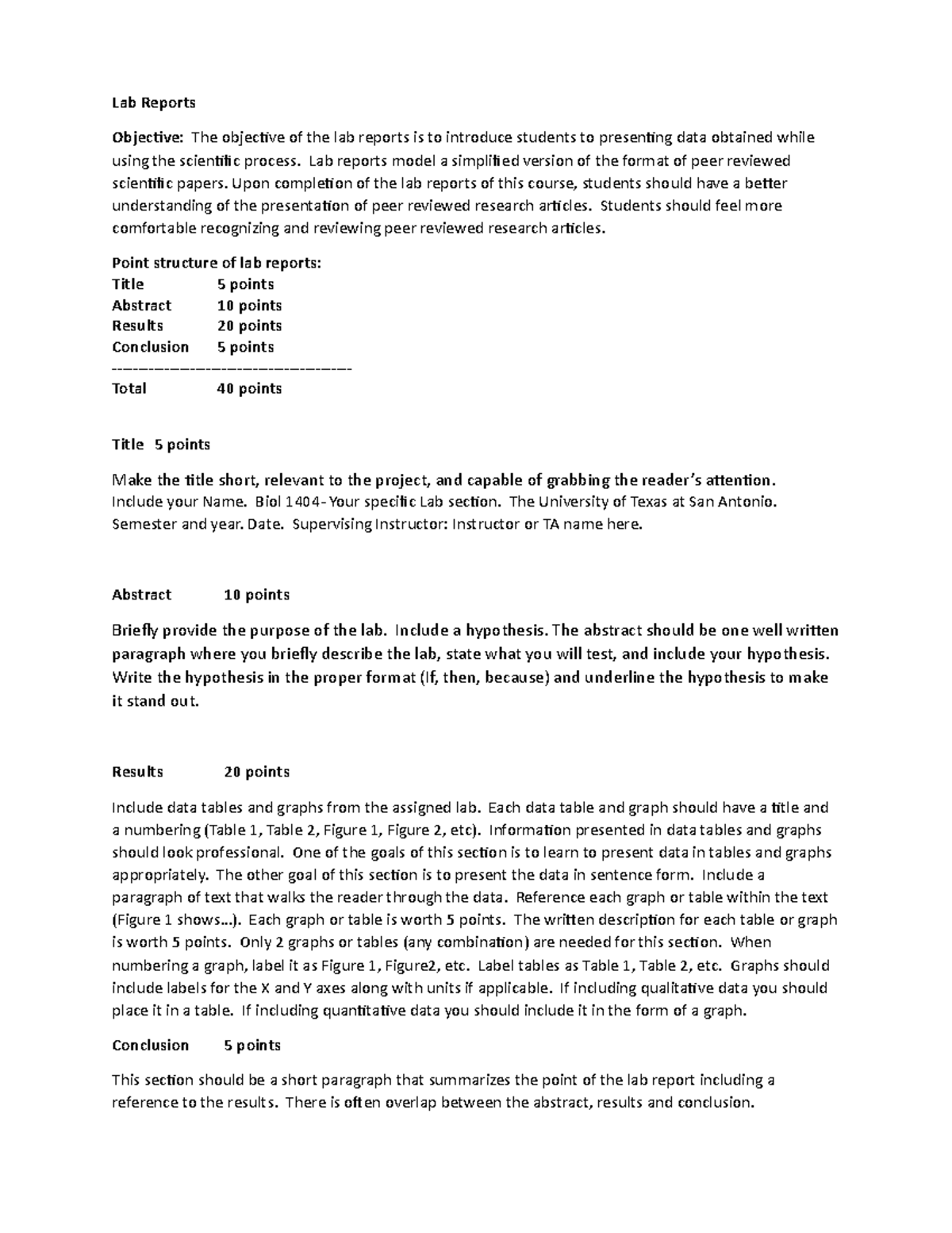 Lab Reports Rubric Bio 1404 - Lab Reports Objective: The objective of ...