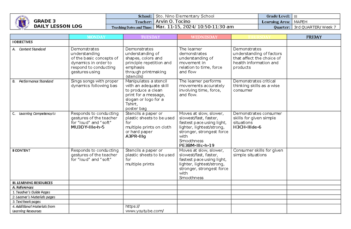 Dll Mapeh 3 Q1 W1 Grade 3 Daily Lesson Log School Sto Nino Elementary School Grade Level 3273