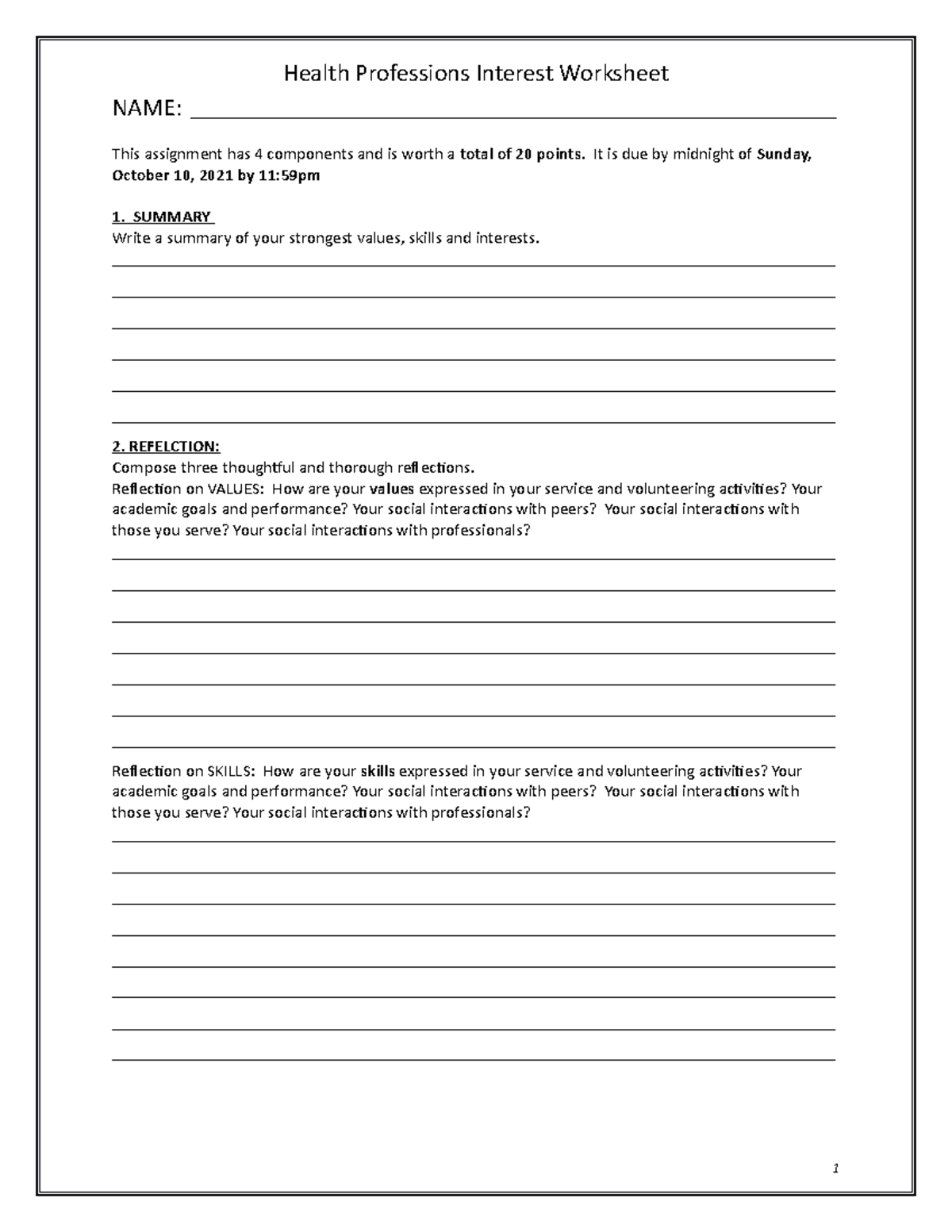 Fall 2021 Health Professions Interest Assessment Worksheet - Health ...