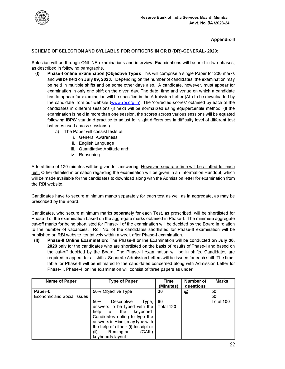 RBI Grade B syllabus latest - Advt. No. 3A /2023- Appendix-II SCHEME OF ...