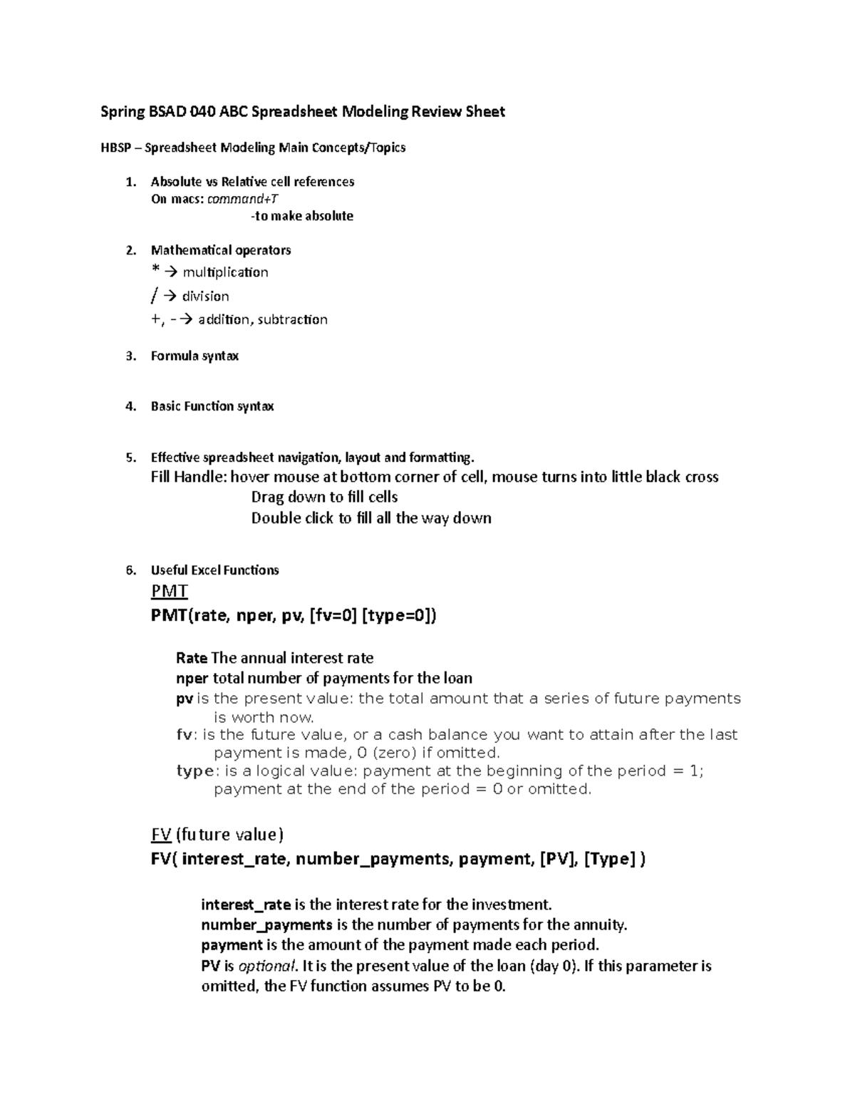 Excel test review sheet - Spring BSAD 040 ABC Spreadsheet Modeling ...