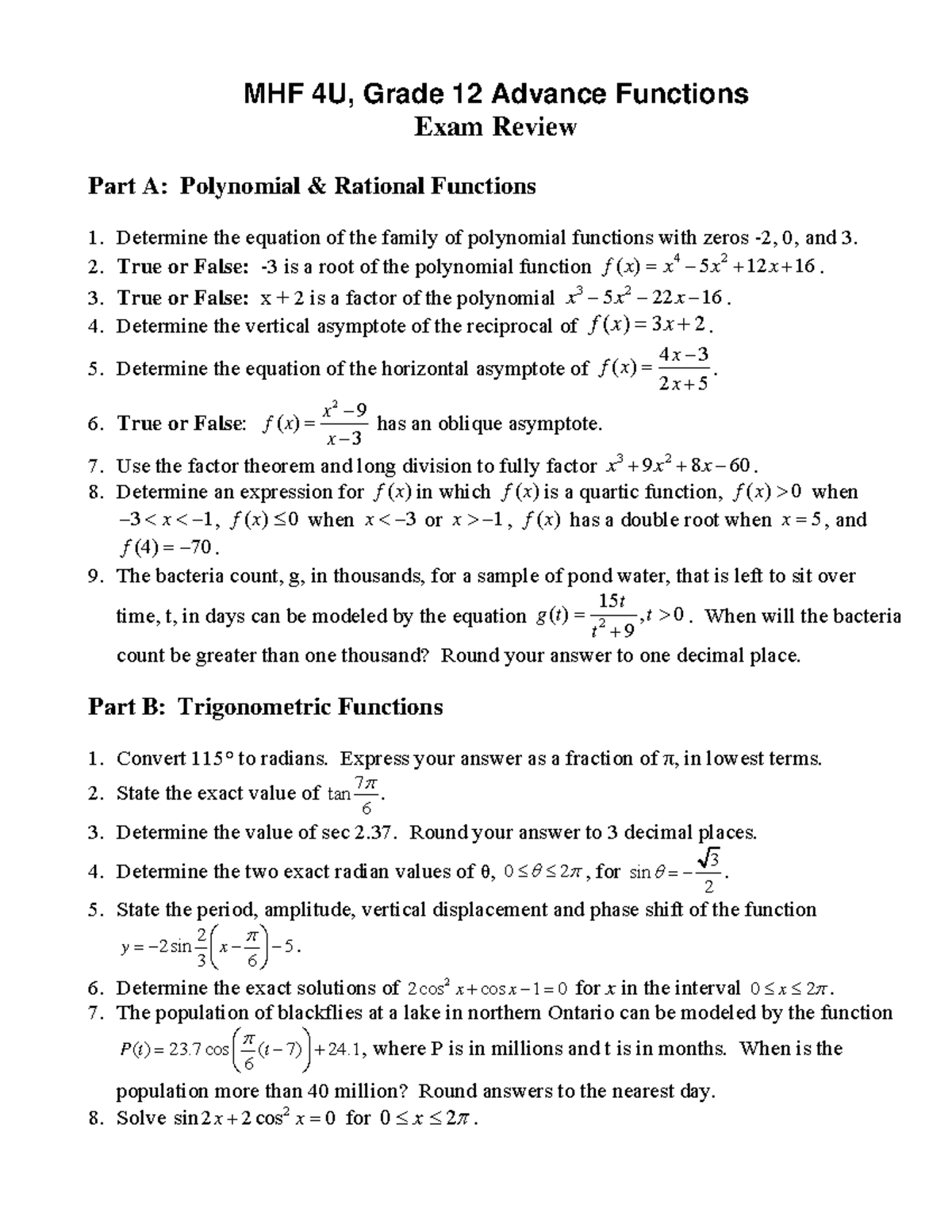 MHF4U Exam Review # 3, practise questions - MATH 1300 - Yorku - Studocu