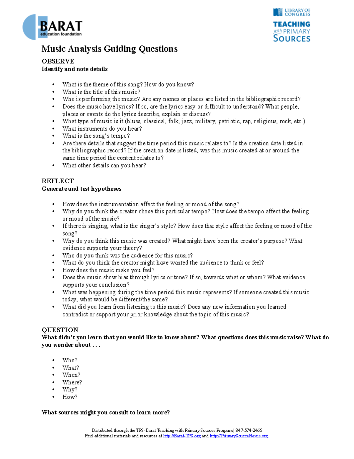 Music Analysis Guiding Questions - Distributed through the TPS-Barat ...