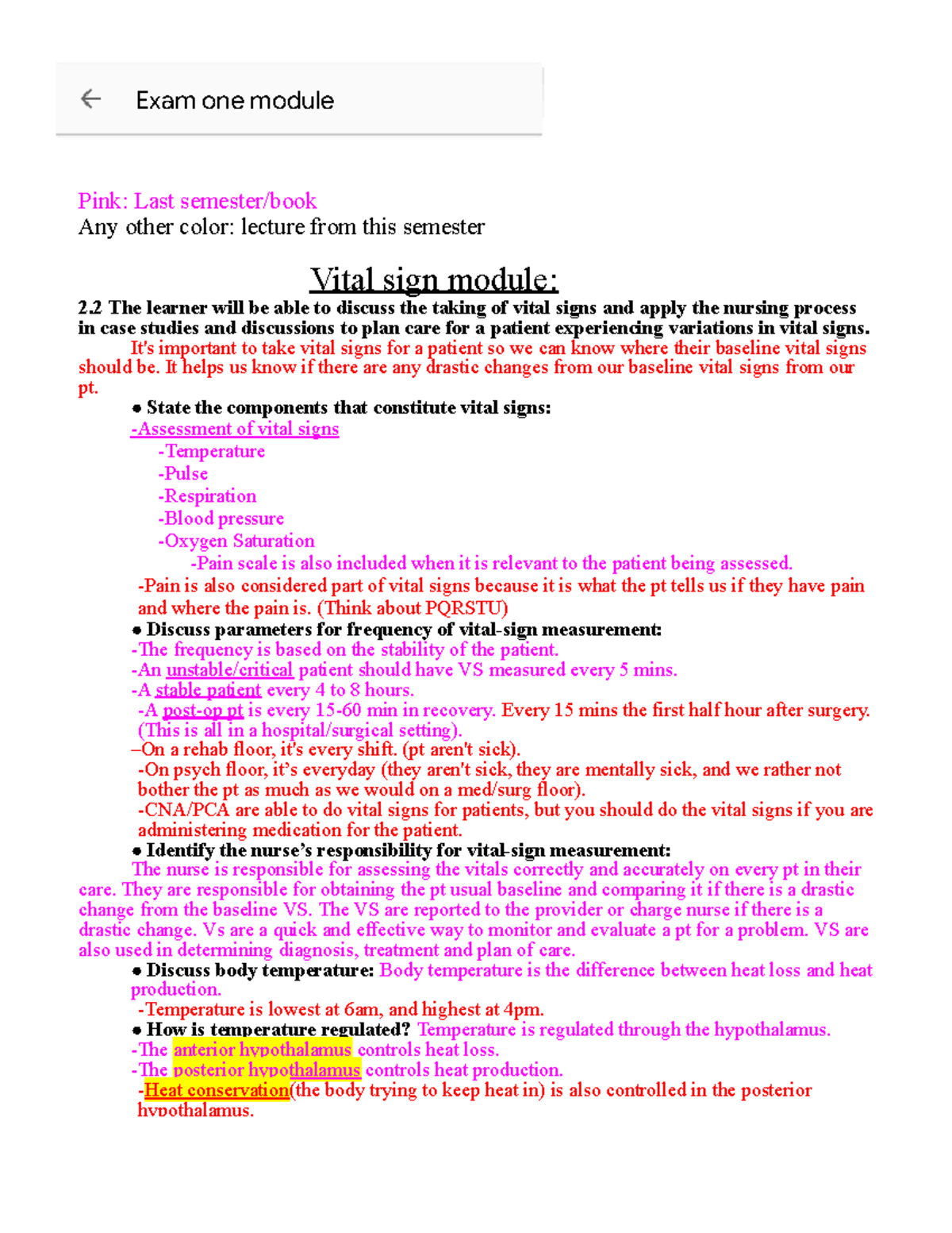Exam one module - Outline - Pink: Last semester/book Any other color ...