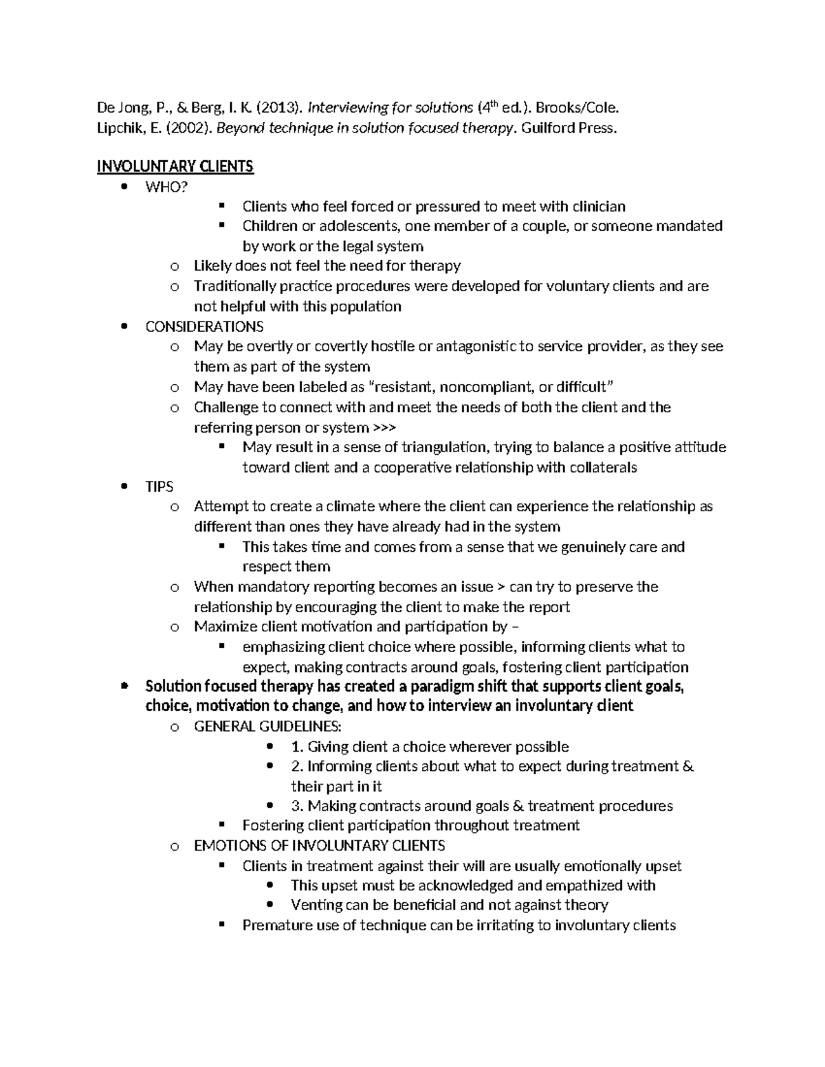 Involuntary Clients & SFT - De Jong, P., & Berg, I. K. (2013 ...