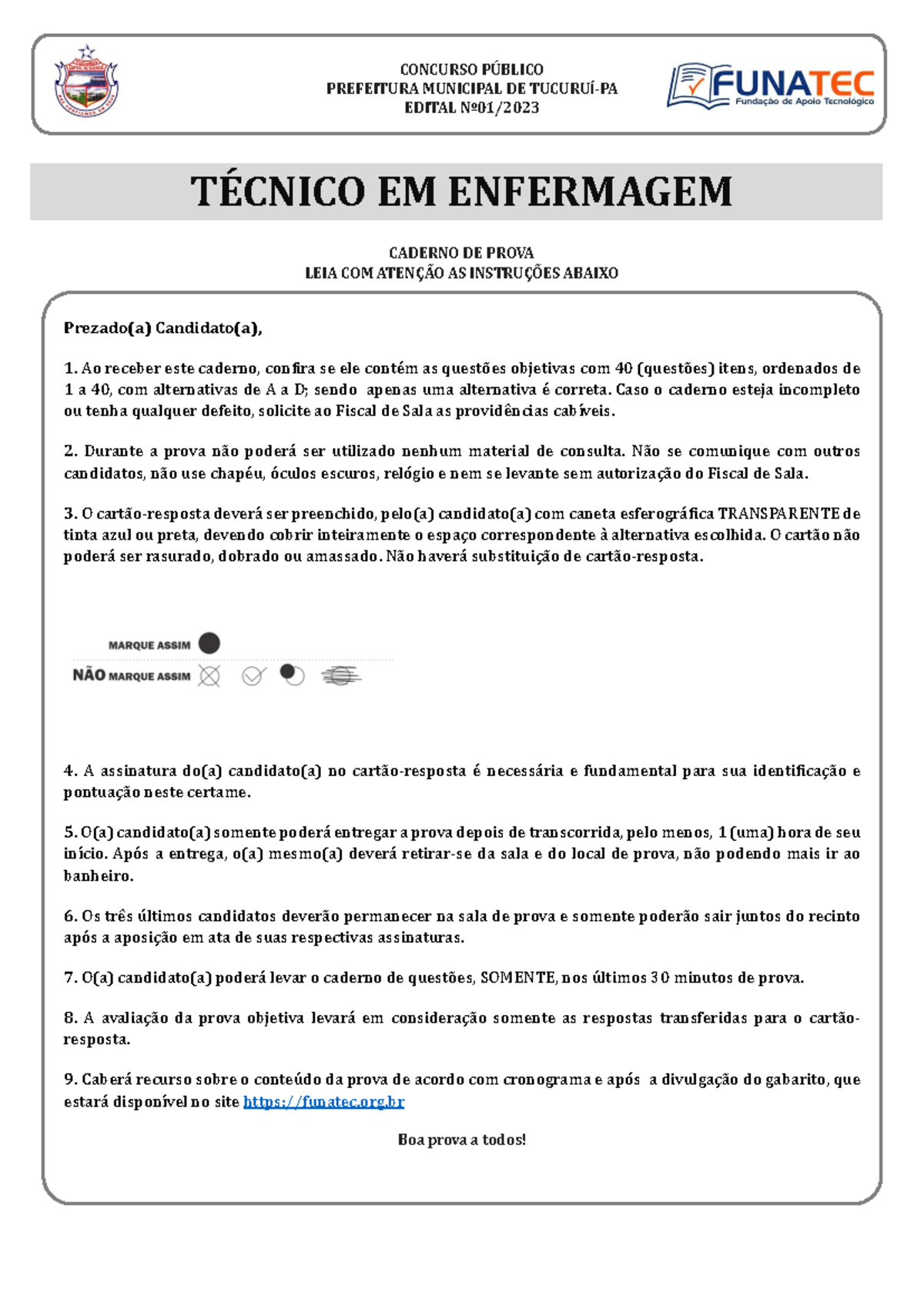 Caderno de prova - enfermagem - TÉCNICO EM ENFERMAGEM CADERNO DE PROVA ...