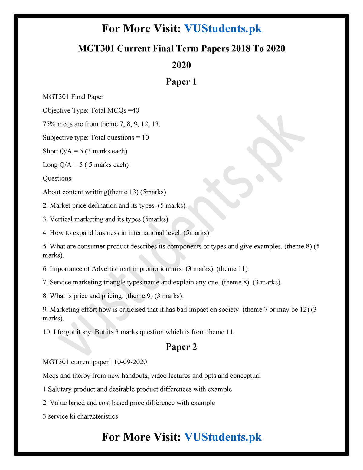 MGT301 Current Final Term Papers 2018 To 2020 - Subjective Type: Total ...