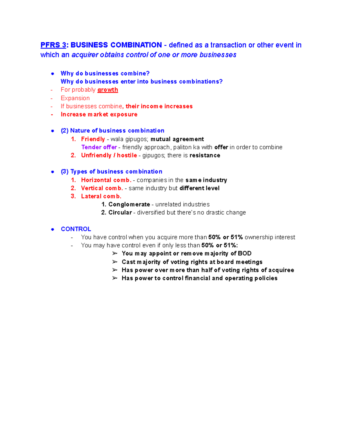 Business Combination Notes PFRS 3 BUSINESS COMBINATION defined as