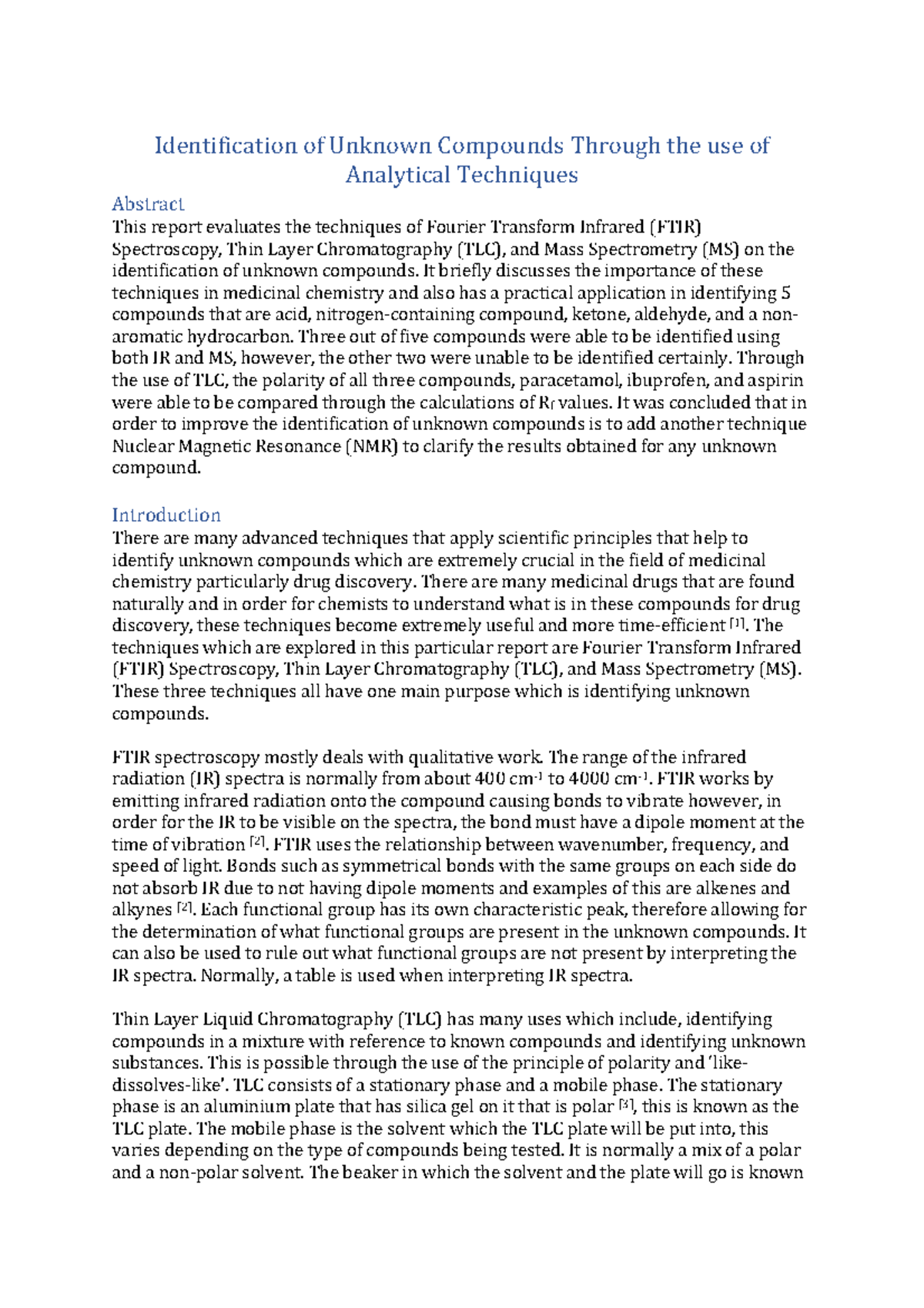 Lab report 2 Identification of Unknown Compounds Through the use of