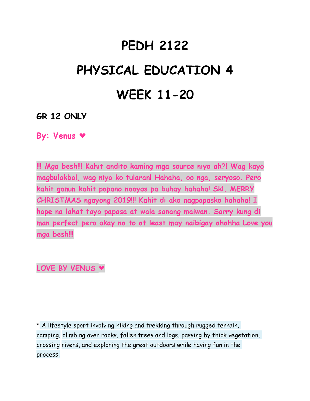 Pedh 2122 Week 11 20 Gr12 Only By Venus - PEDH 2122 PHYSICAL EDUCATION ...