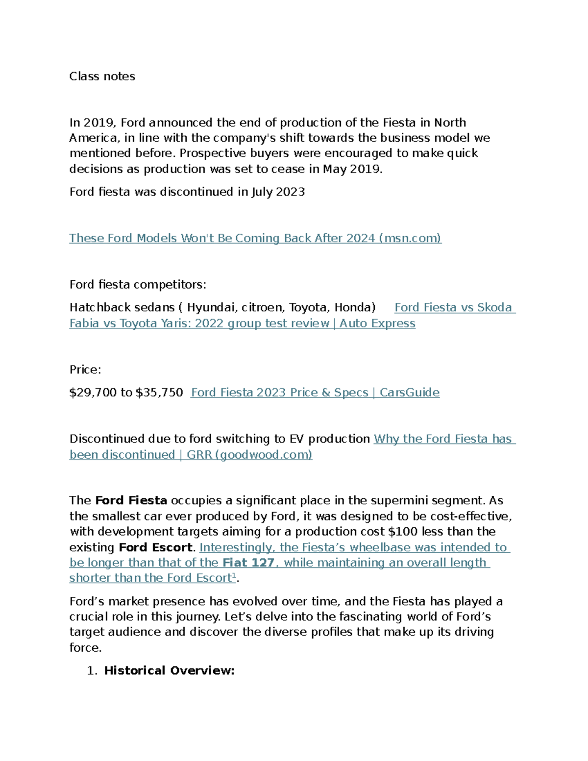 Class notes mkt 3242 - note - Class notes In 2019, Ford announced the ...