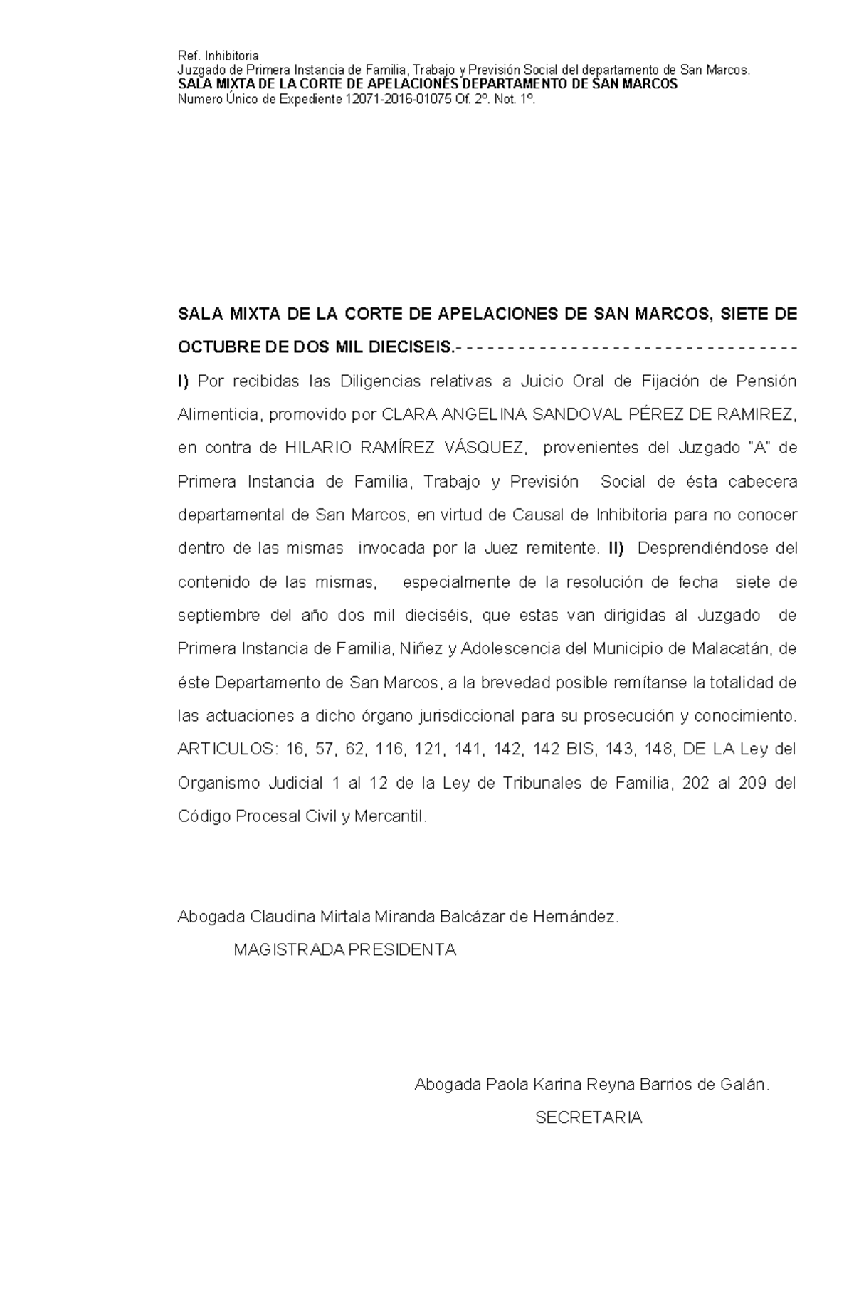 1075-2016 0f. 2o. Inhibitoria R. Territorio - Ref. Inhibitoria Juzgado