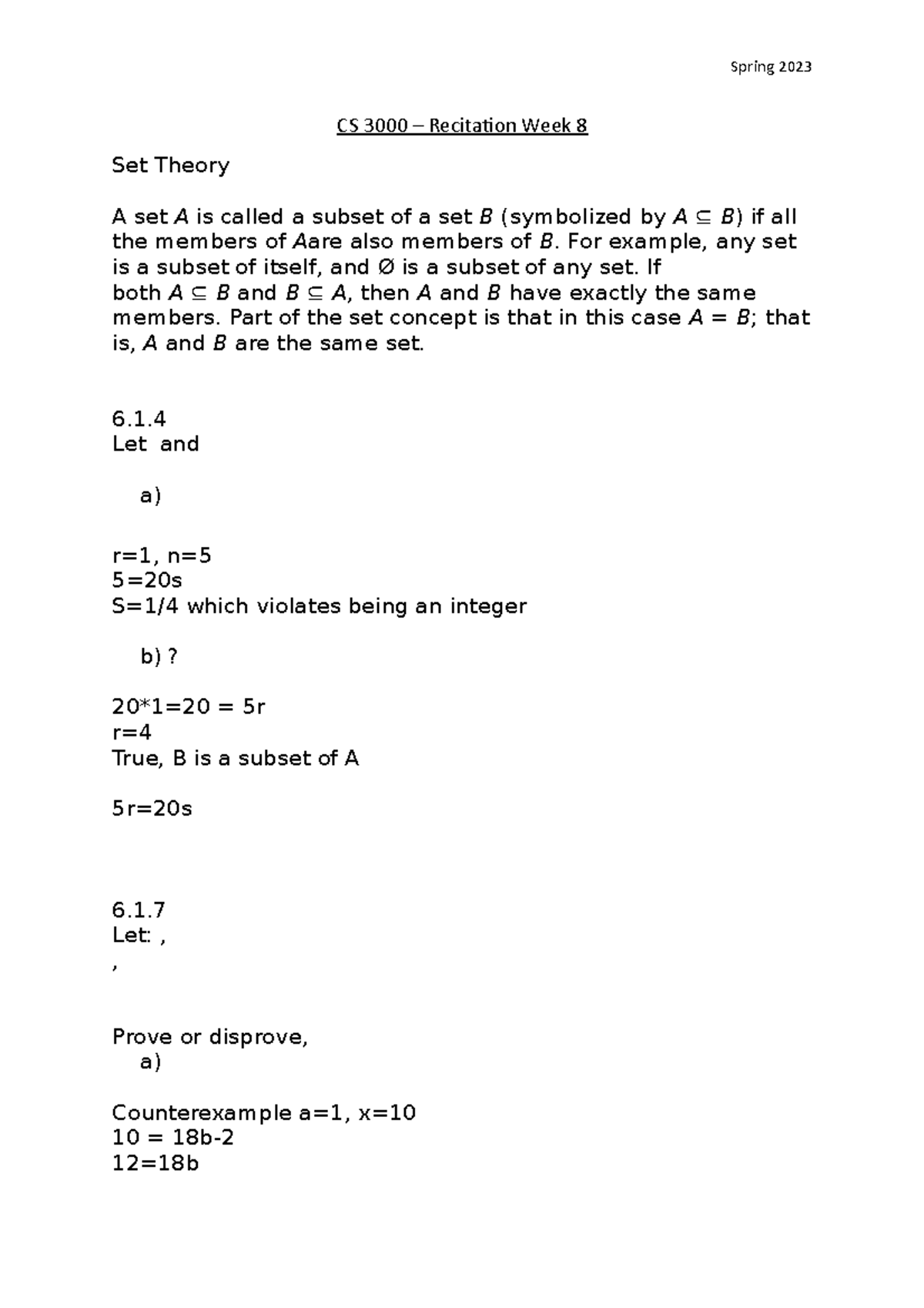 Week8 Answers - Answer - CS 3000 – Recitation Week 8 Set Theory A set A ...