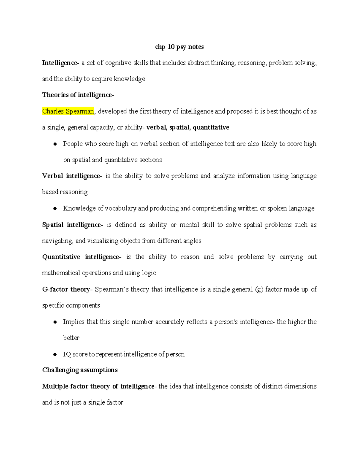 General Psychology Notes chapter 10 - chp 10 psy notes Intelligence- a ...