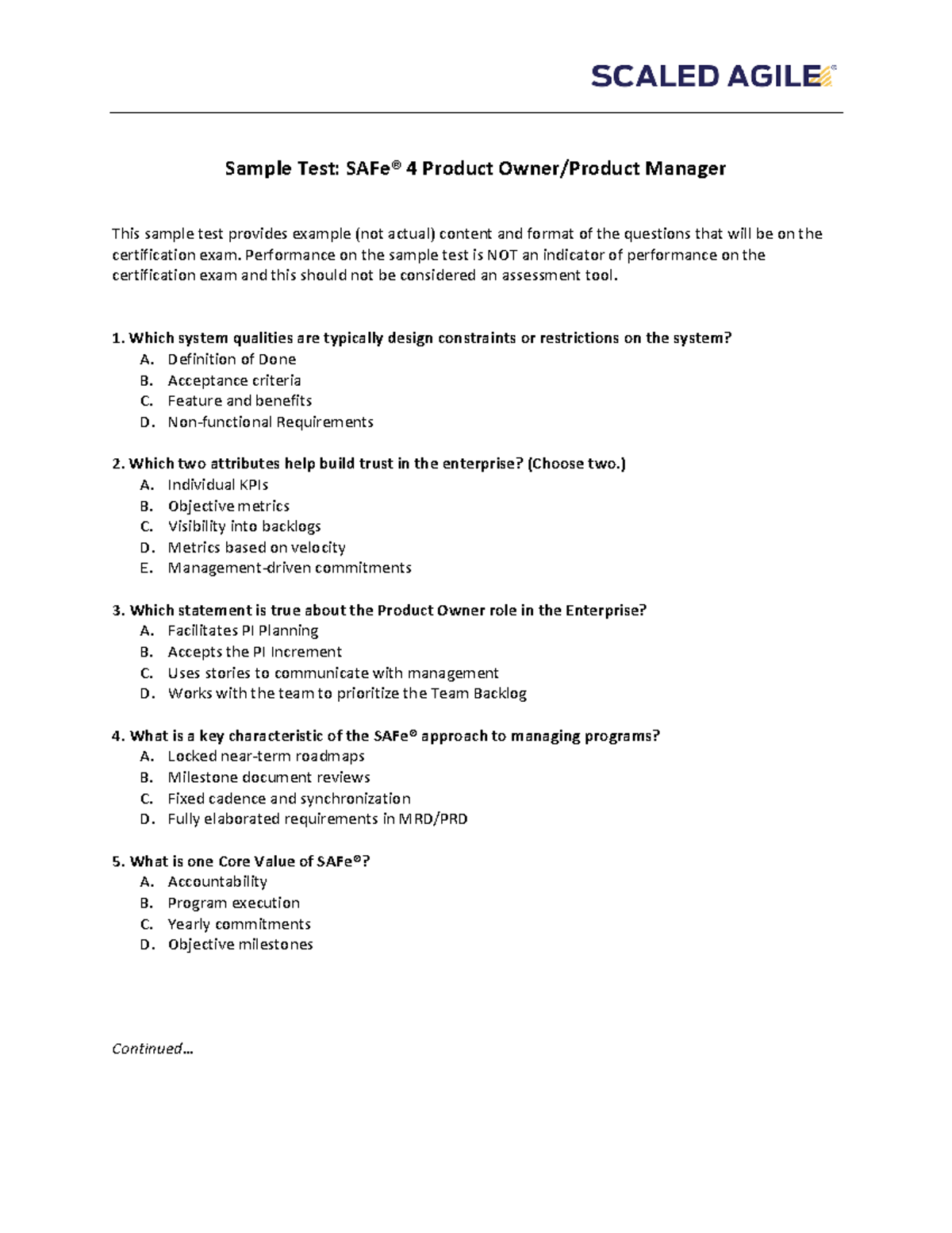 POPM sample - SAFE POPM - Sample Test: SAFe® 4 Product Owner/Product ...