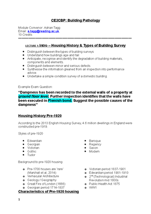 Building pathology lecture 1 notes - Building pathology Contents Week 1 ...