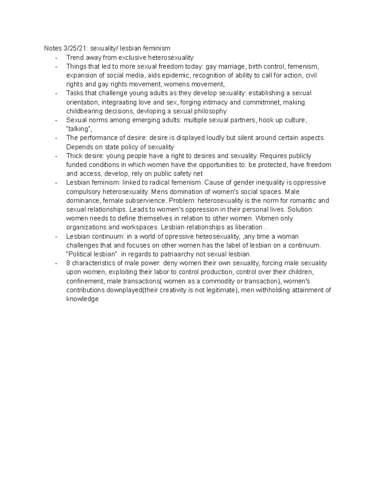 Notes 3 25 21 - professor Massey - Notes 3/25/21: sexuality/ lesbian ...