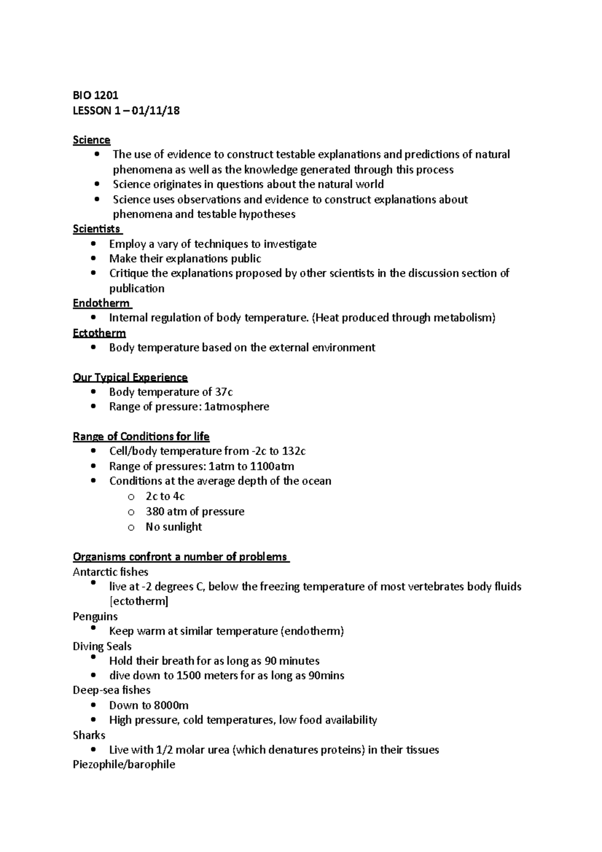 BIO 1201 Lesson 1 – 01 - Lecture Notes 1 - BIO 1201 LESSON 1 – 01/11/18 ...