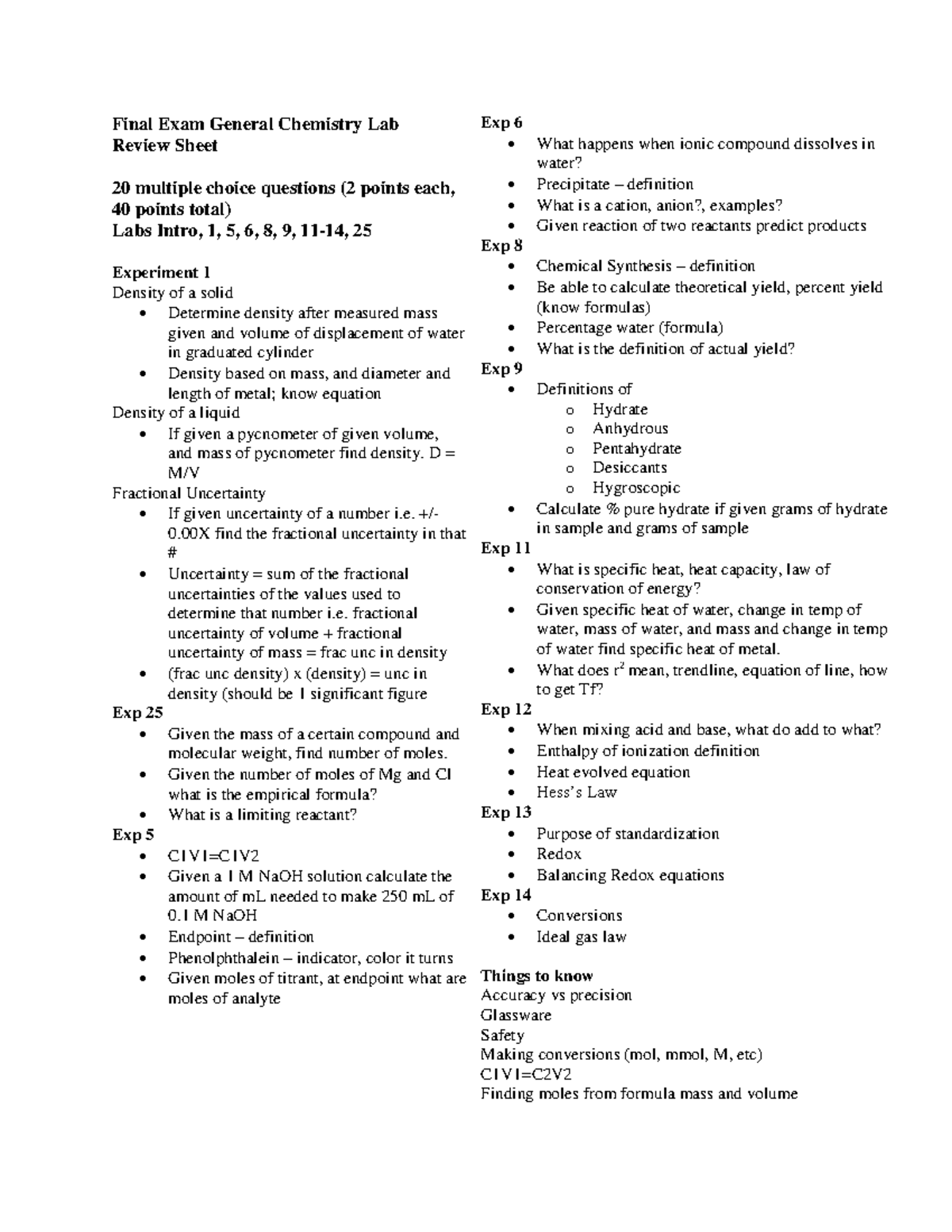 Final Exam Review - Final Exam General Chemistry Lab Review Sheet 20 ...