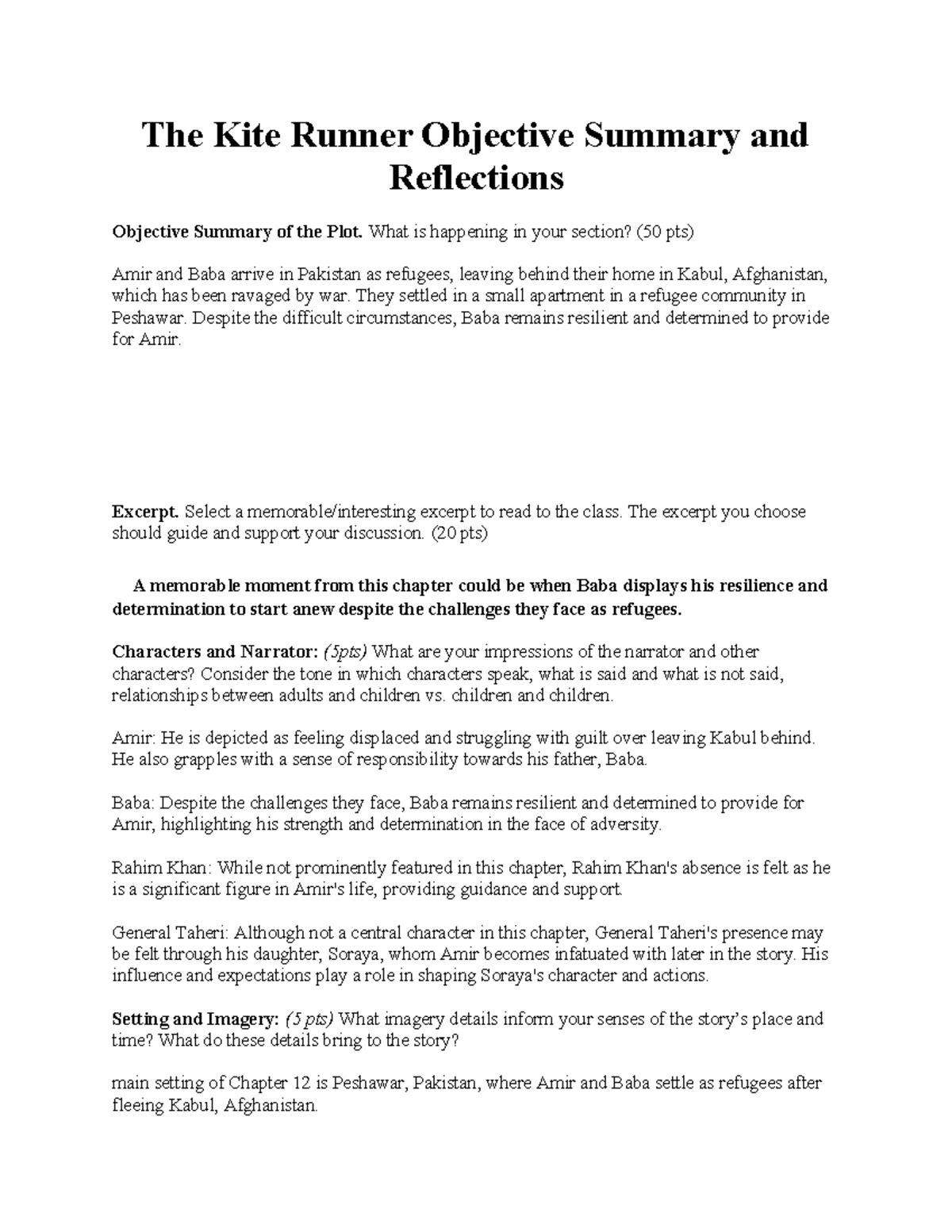 The Kite Runner Objective Summary and Reflections 2 The Kite Runner Objective Summary and