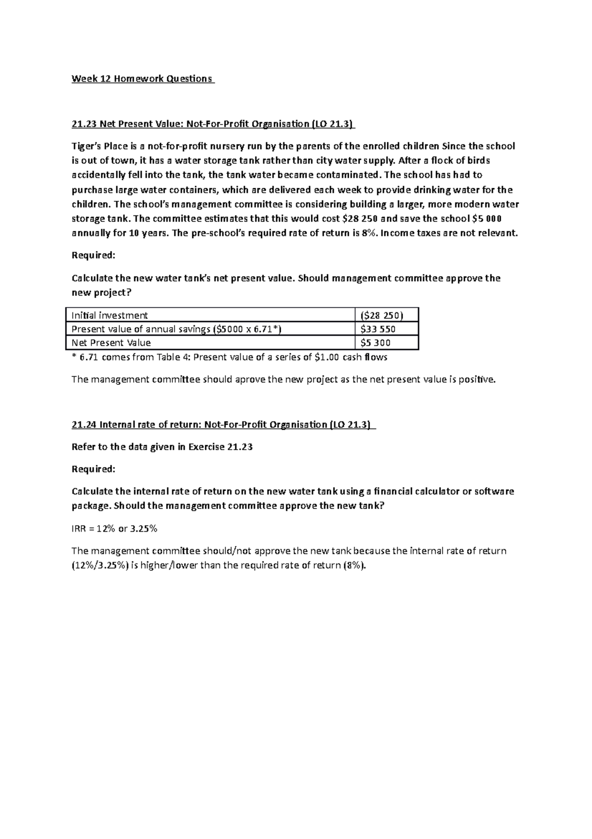 Week 12 Homework Questions - Week 12 Homework Questions 21 Net Present ...