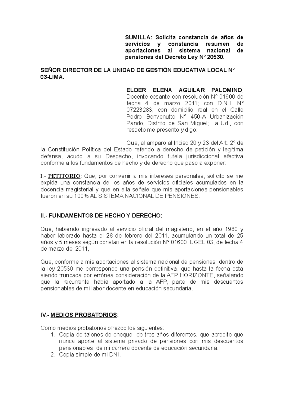 Solicita Constancia - SEÑOR DIRECTOR DE LA UNIDAD DE GESTIÓN EDUCATIVA ...