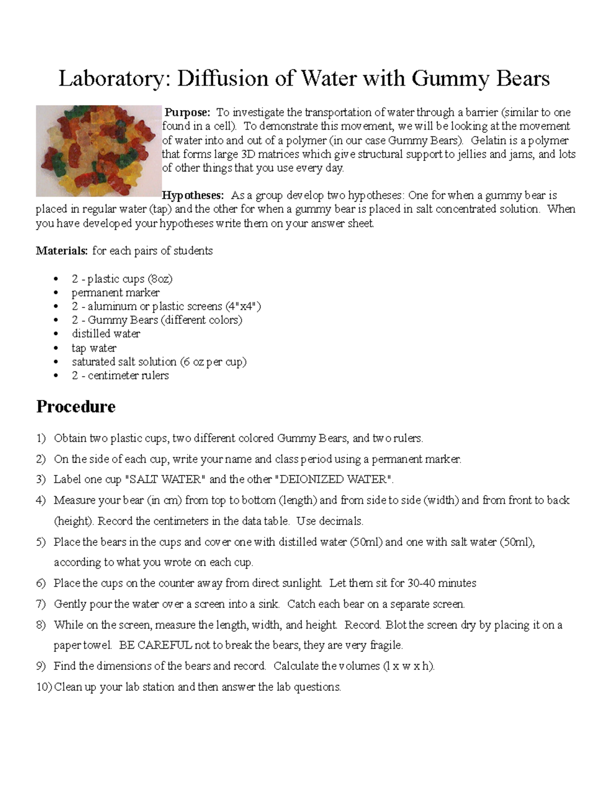 Gummy bear diffusion 2223 Laboratory Diffusion of Water with Gummy