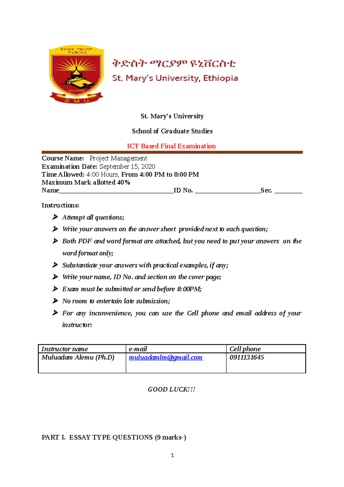Final exam Project Management Sept 15 2020 By Muluadam Alemu Ph St