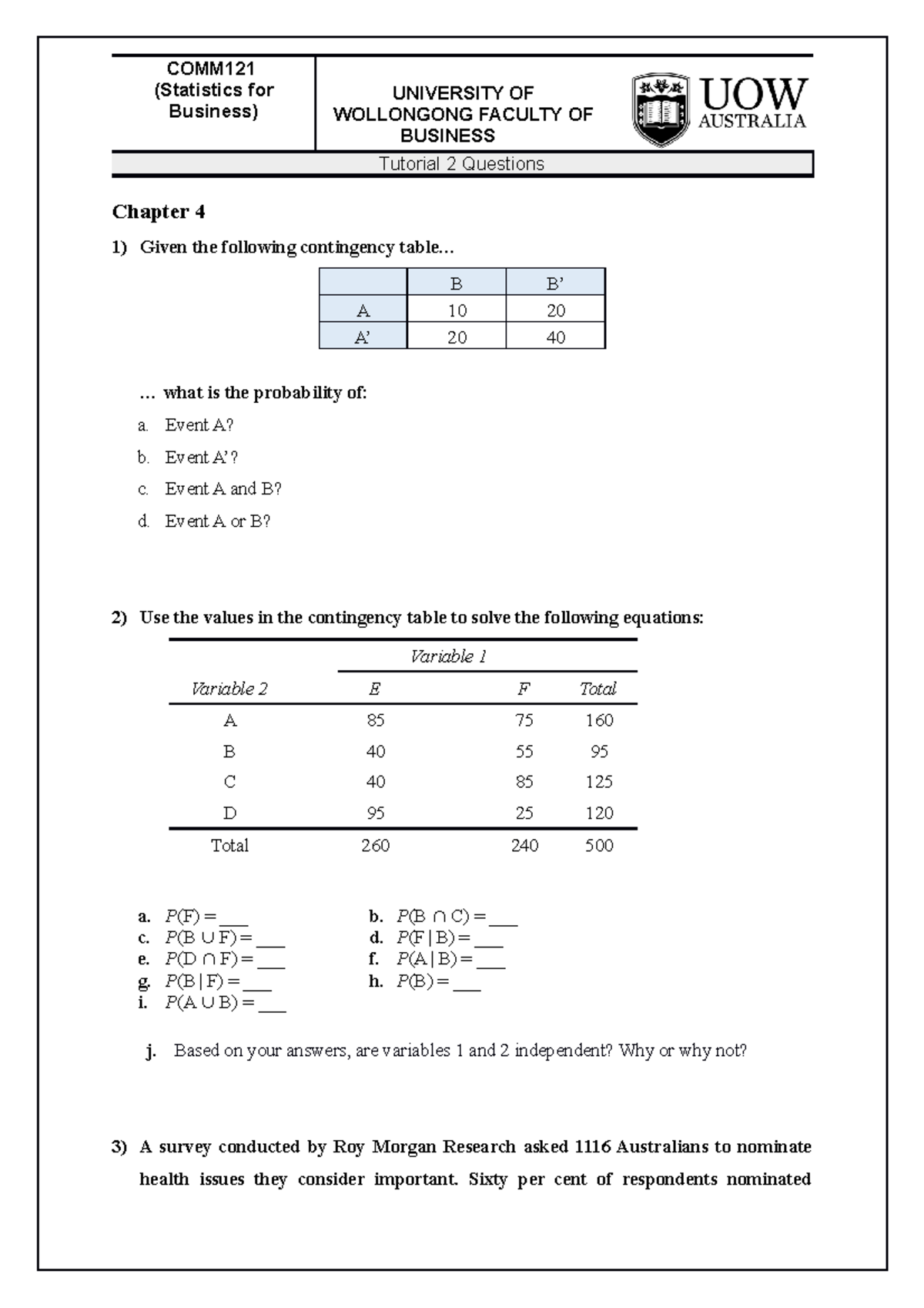 COMM121 T02 Questions Ch 4 And 5 - COMM (Statistics For Business ...