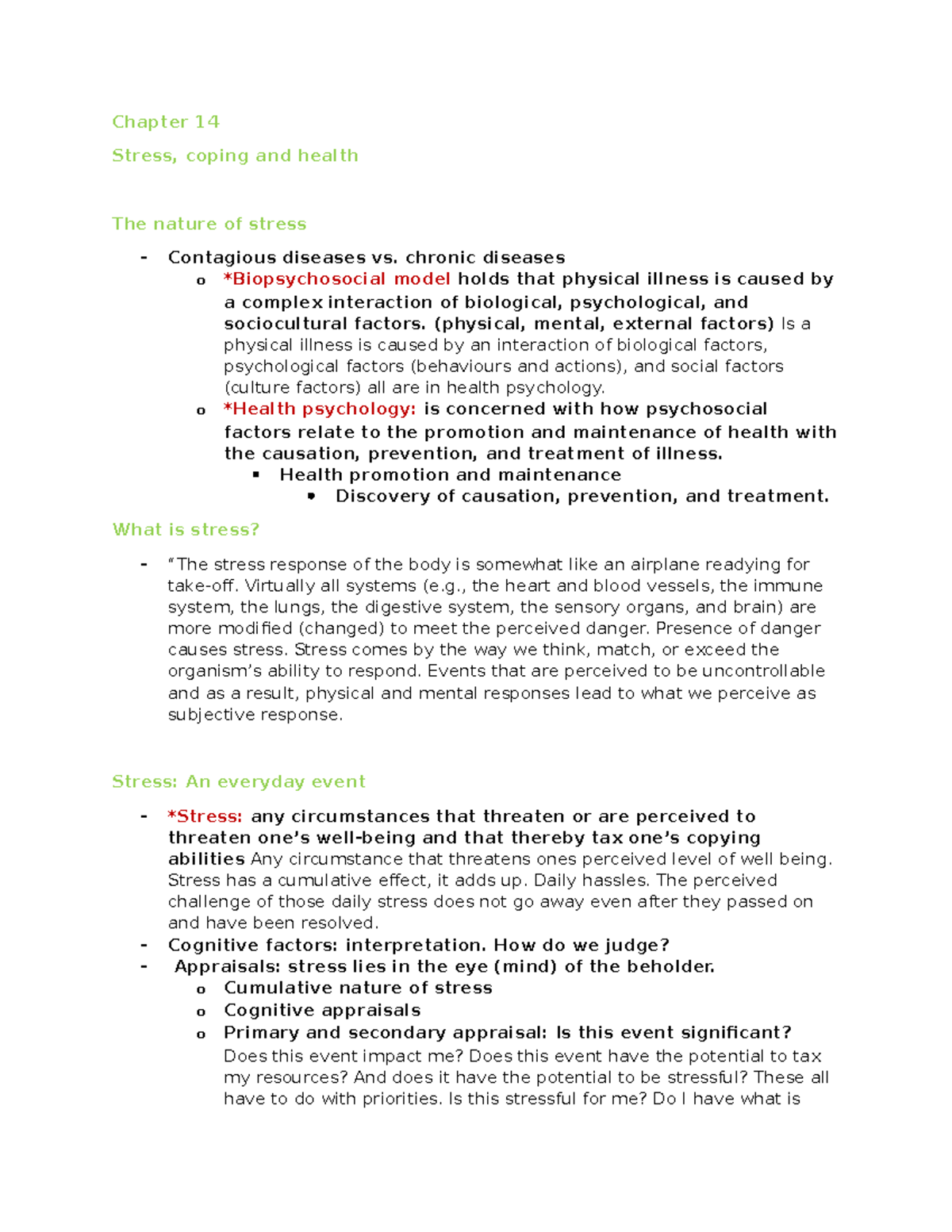 Chapter 14 Lecture - Chapter 14 Stress, Coping And Health The Nature Of ...