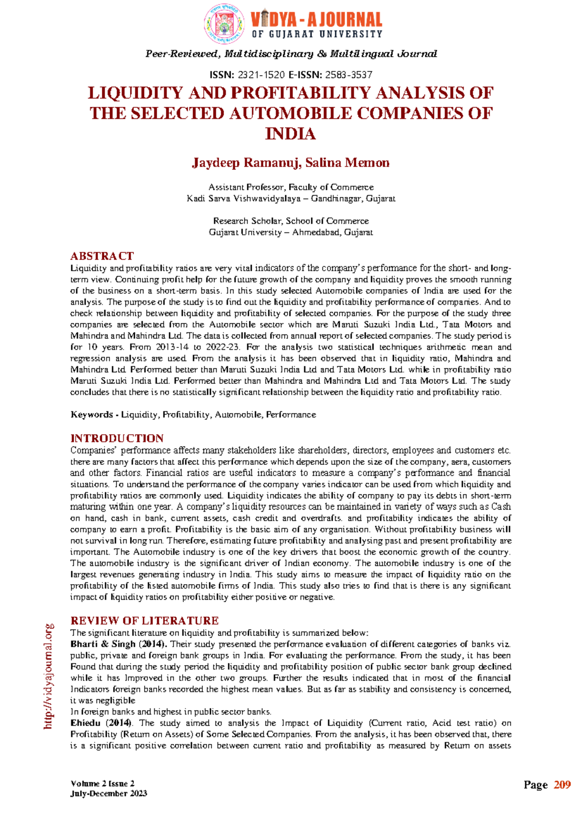 (209-214)+ Liquidity+AND+ Profitability+ Analysis+OF+THE+ Selected+ ...